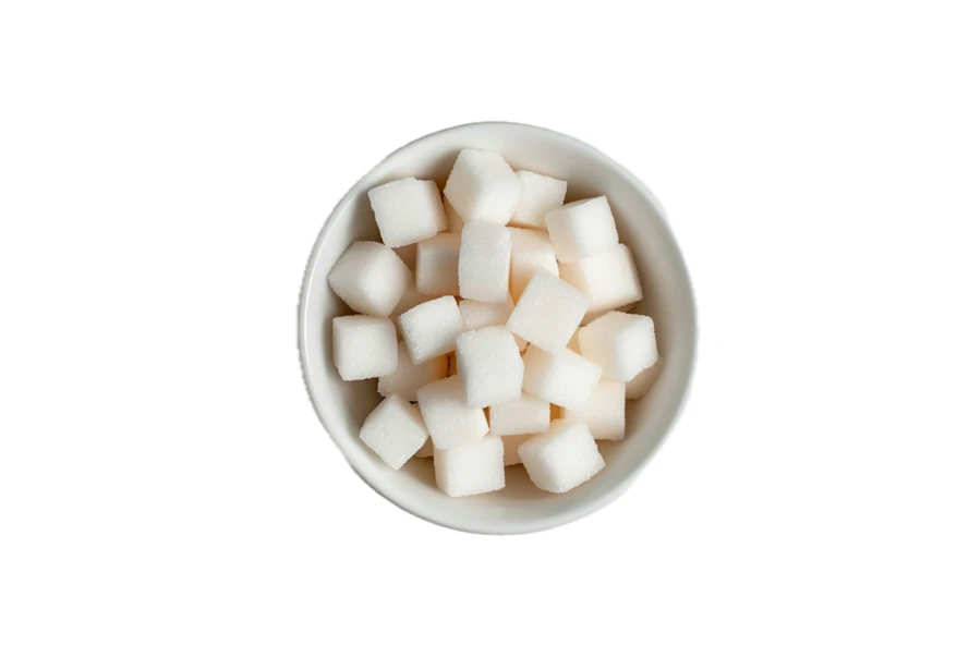 Top view of white sugar cubes in a white bowl