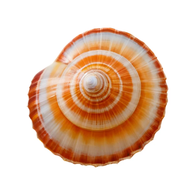 Top view of orange and white spiral seashell isolated