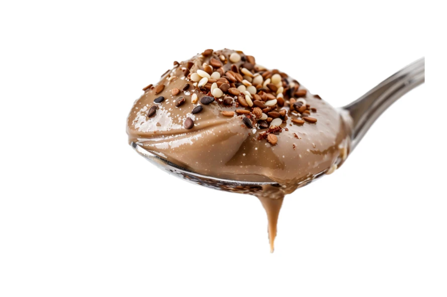 Spoonful of nut butter topped with mixed seeds on white