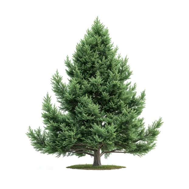 Single lush evergreen spruce tree isolated on white background