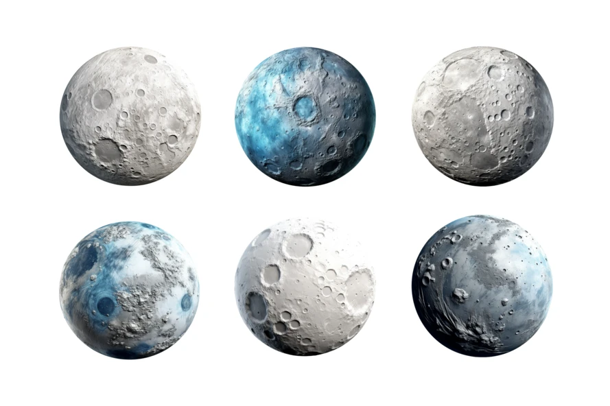 Set of six realistic moon variations isolated on white