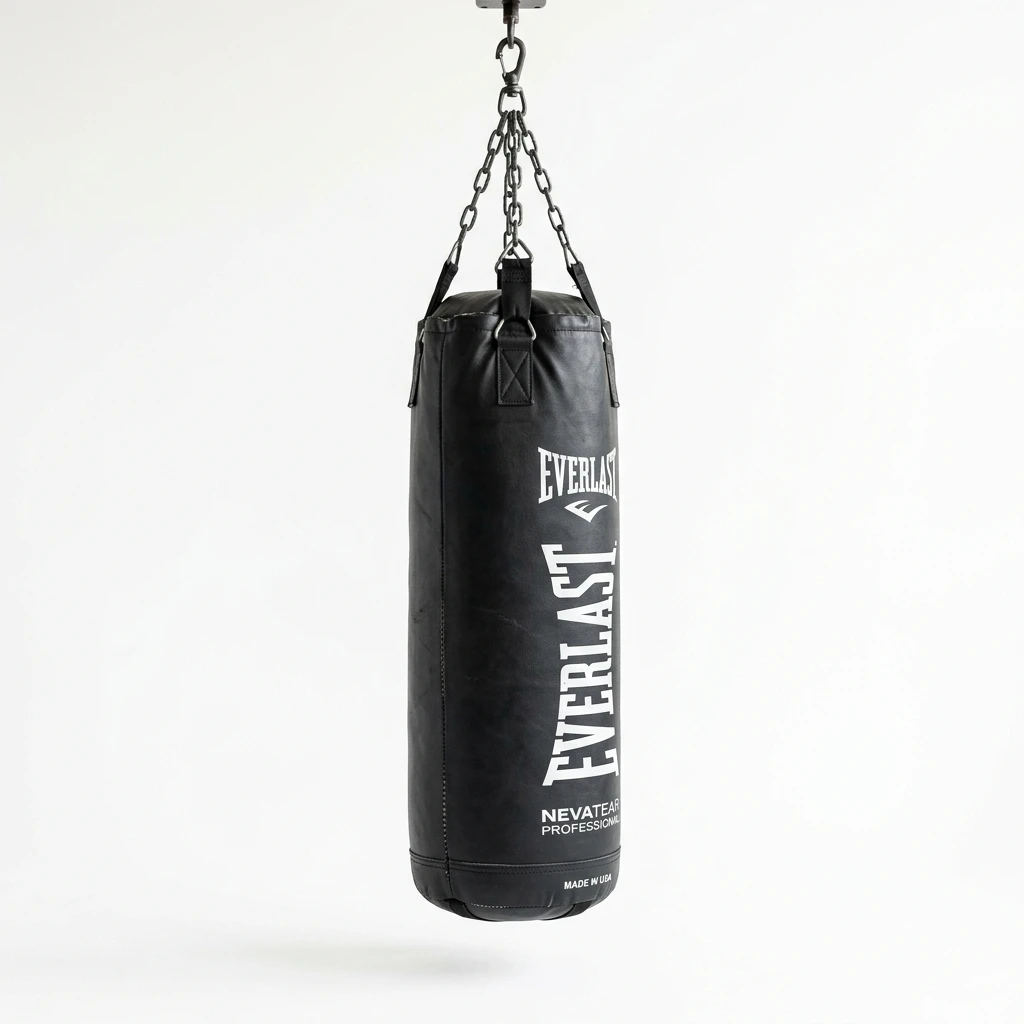 Black heavy punching bag hanging against a white background