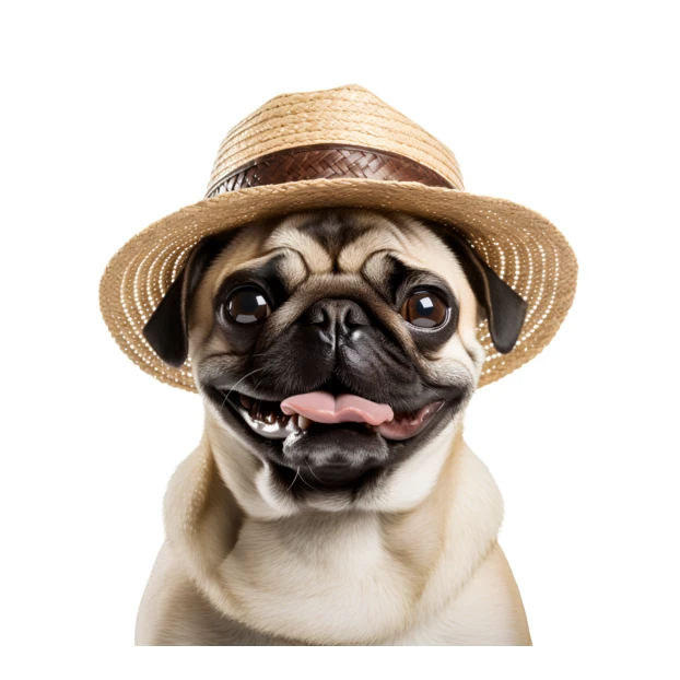 Happy pug dog wearing a straw hat isolated on white