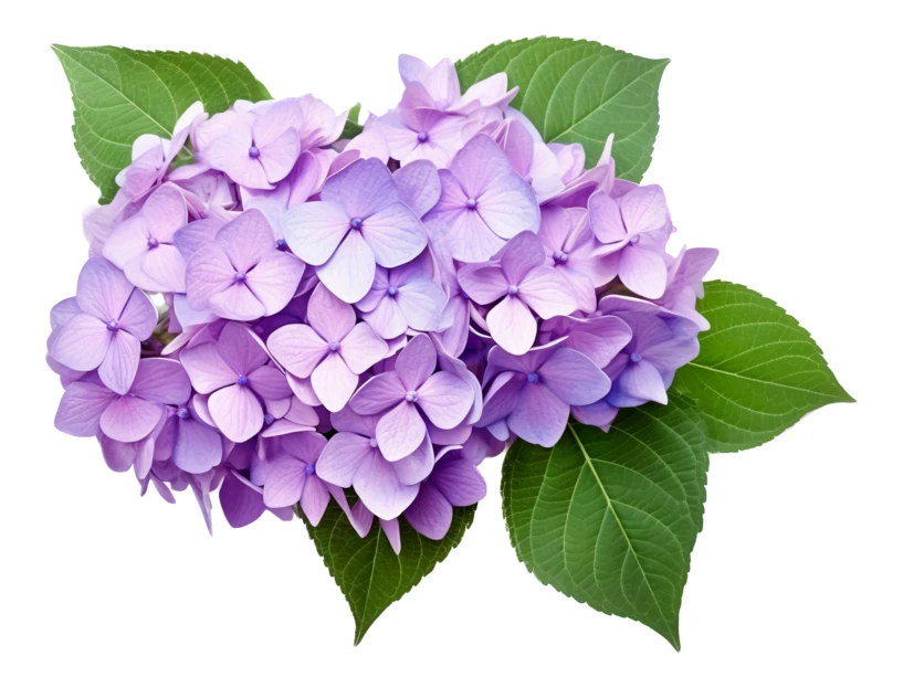Purple hydrangea flower with green leaves isolated on white