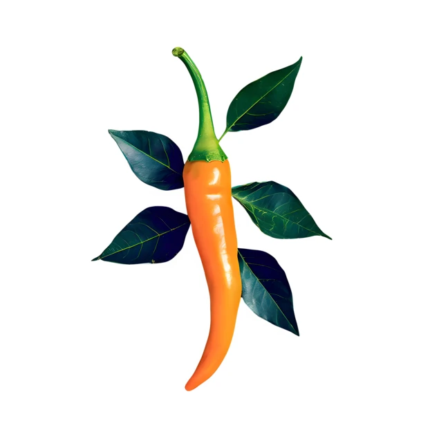 Single orange chili pepper with green leaves on white background