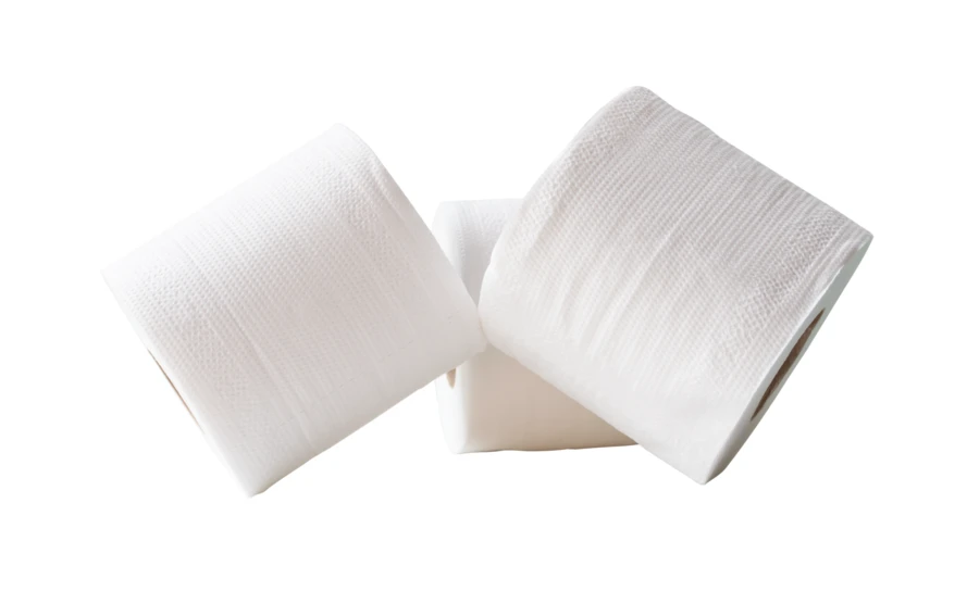 Three rolls of white toilet paper isolated on white