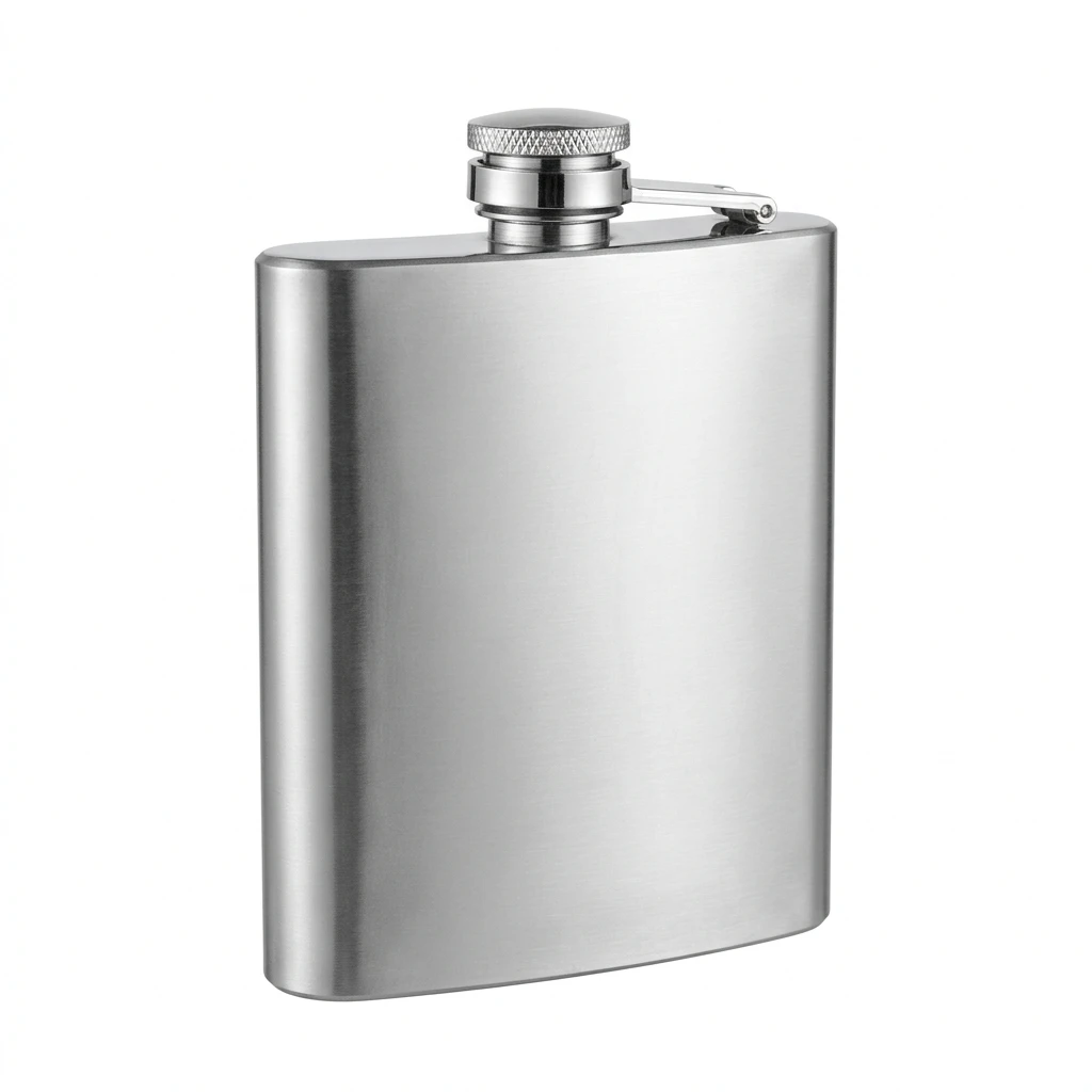 Brushed stainless steel hip flask isolated on white