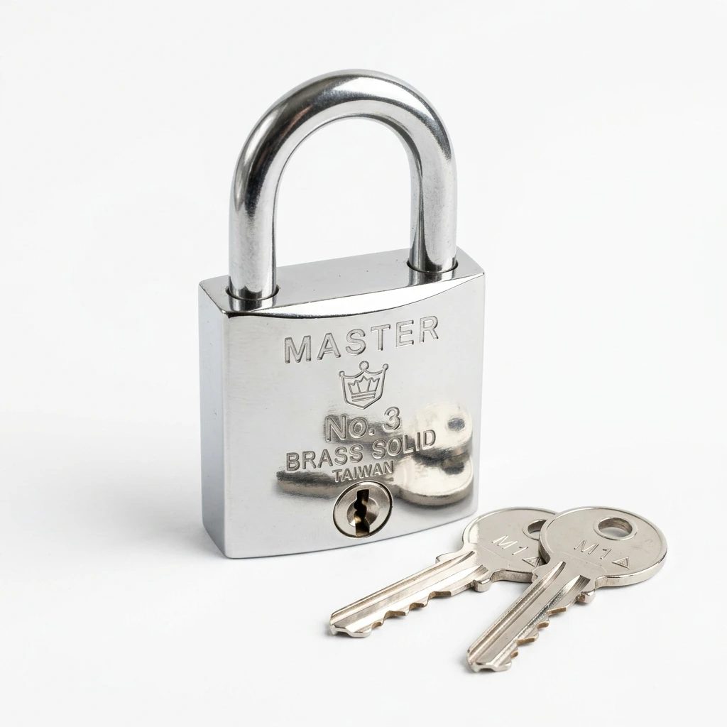 Shiny silver padlock with keys on a white background