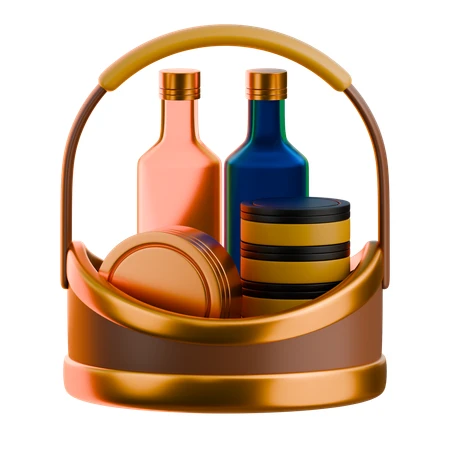 Round Basket with Bottles and Canned Goods