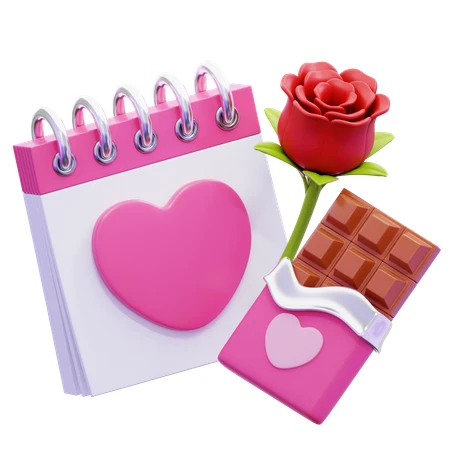3D Valentine's Day composition with calendar, rose, and chocolate