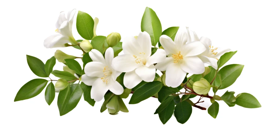 White jasmine flowers and green leaves on white background