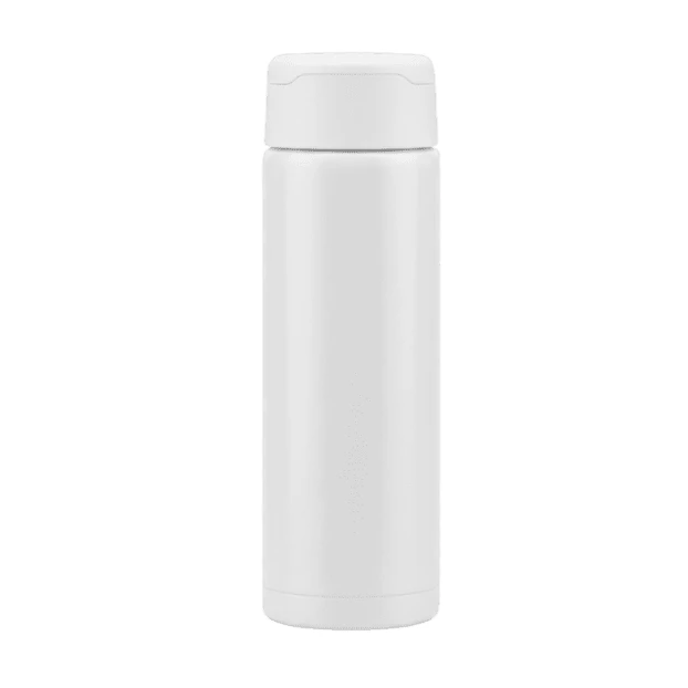 Blank white reusable water bottle mockup on white background
