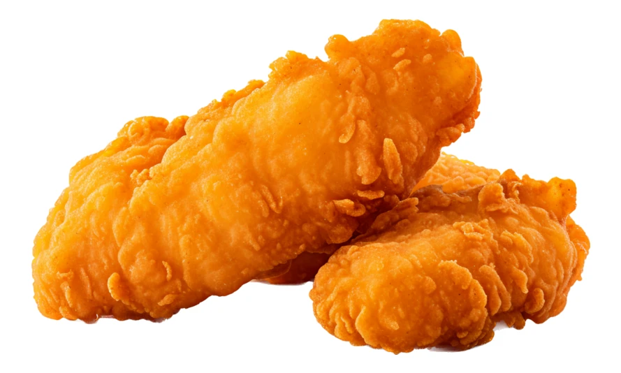 Two golden crispy fried chicken strips isolated on white background