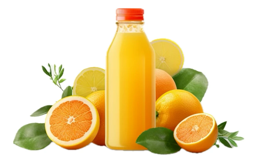 Fresh orange juice bottle with whole and halved oranges