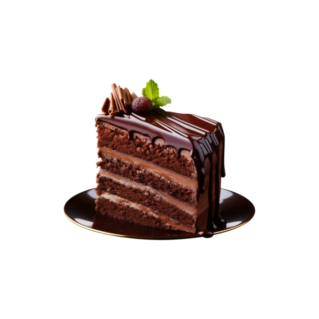 Slice of layered chocolate cake isolated on white background