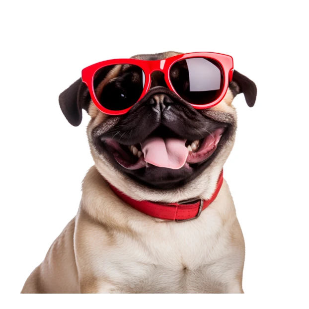 Cool pug dog wearing red sunglasses and smiling