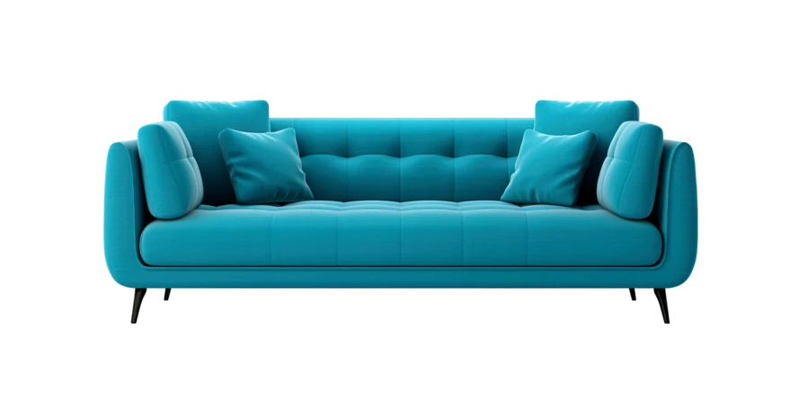 Modern turquoise tufted sofa isolated on white background