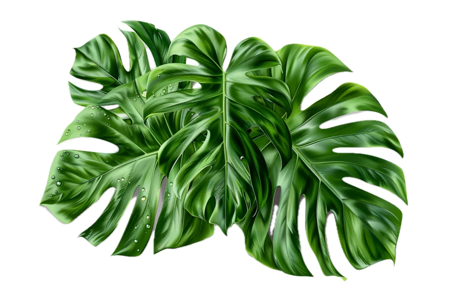 Green monstera deliciosa leaves with water droplets on white background