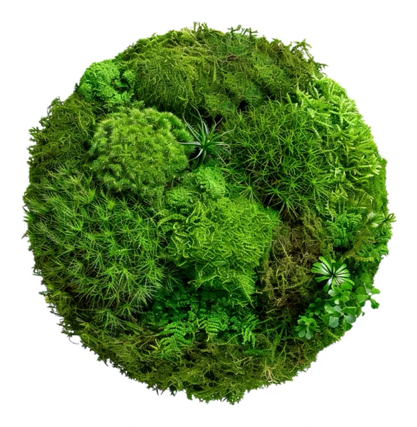Round decorative panel made of various types of green moss