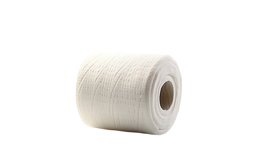 Single roll of white toilet paper on white background