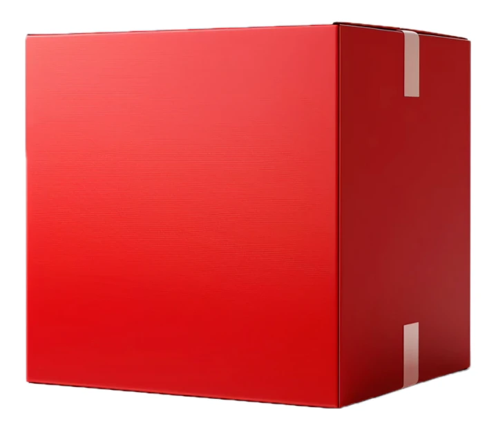 Closed red cardboard box sealed with tape isolated on white