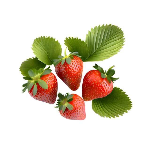 Fresh red strawberries with green leaves on white background