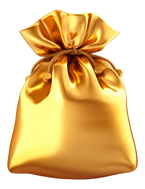Shiny golden satin gift bag isolated on white background