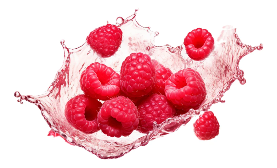 Fresh raspberries splashing in red juice isolated on white