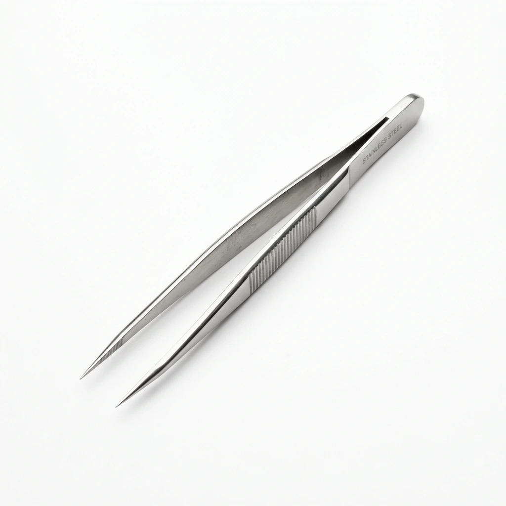 Stainless steel fine-tip tweezers isolated on white background