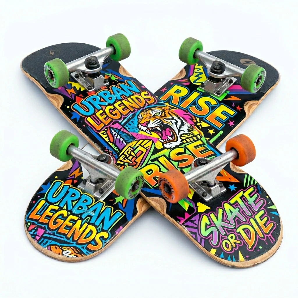 Two crossed skateboards with colorful graffiti art on white background