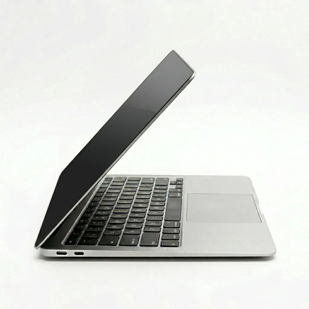 Slim silver laptop partially open on white background