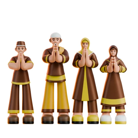 Group of Four Muslim People Praying 3D Characters