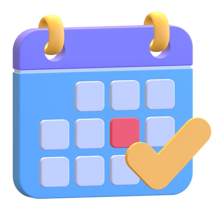 3D rendered calendar icon with check mark and highlighted date