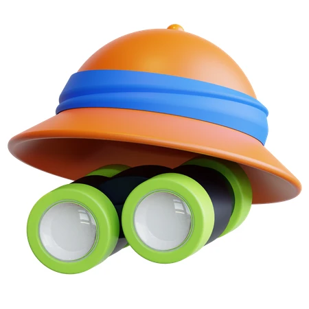 3D cartoon safari pith helmet and binoculars on white background