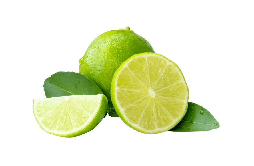 Whole and sliced fresh limes with leaves on white background