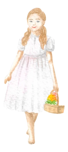 Watercolor illustration of girl in white dress carrying fruit basket