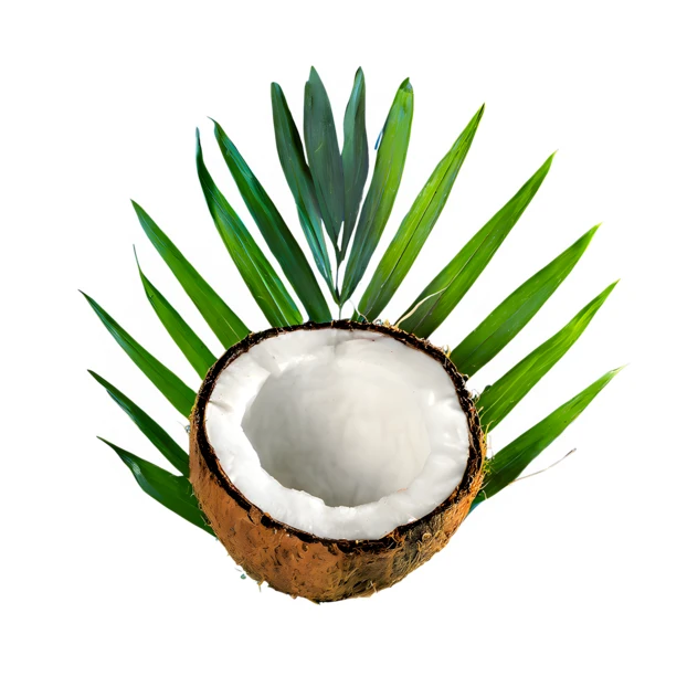 Half coconut with green palm leaves isolated on white background