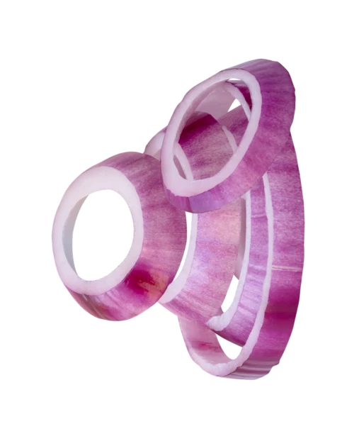 Sliced red onion rings isolated on white background