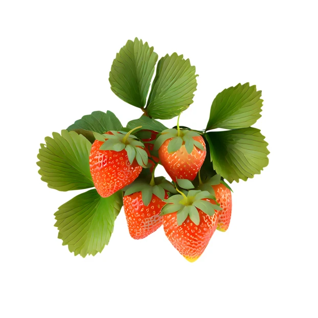 Cluster of fresh red strawberries with leaves isolated on white