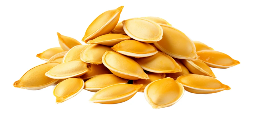 Pile of roasted pumpkin seeds isolated on white background