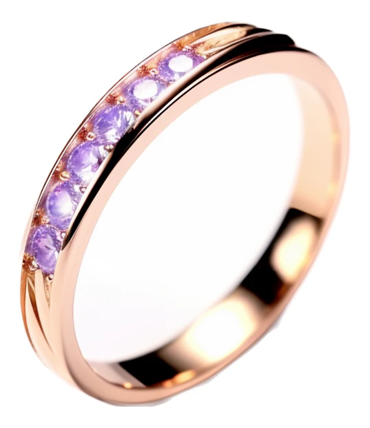 Rose gold ring with purple gemstones on white background