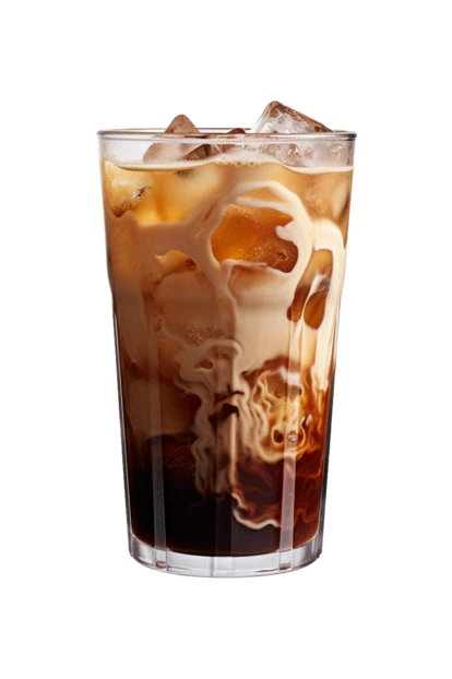 Iced coffee with milk swirls and ice cubes isolated