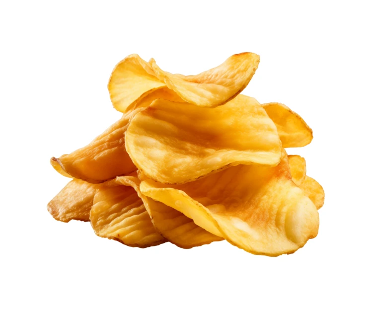 Stack of crispy ridged potato chips isolated on white background