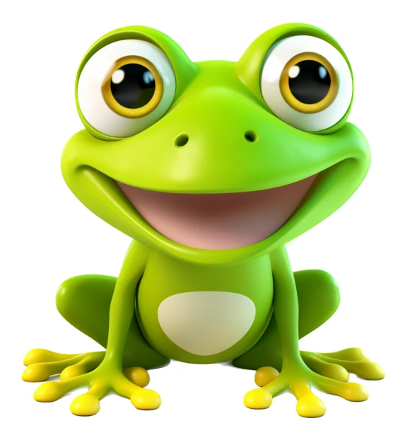 Cute 3D animated green frog character smiling on white background