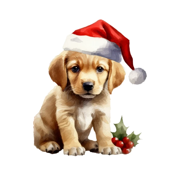 Cute golden retriever puppy wearing a red Santa hat