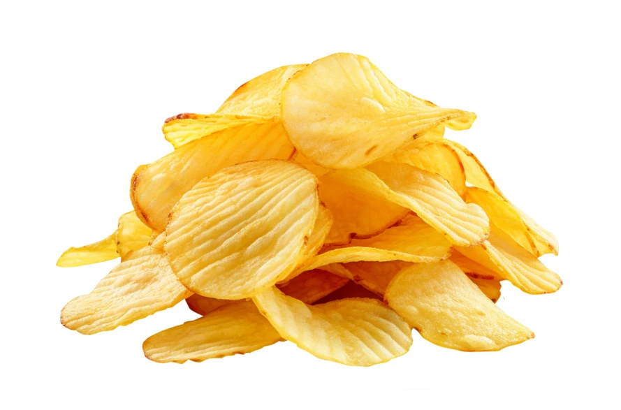 Pile of ridged potato chips isolated on white background