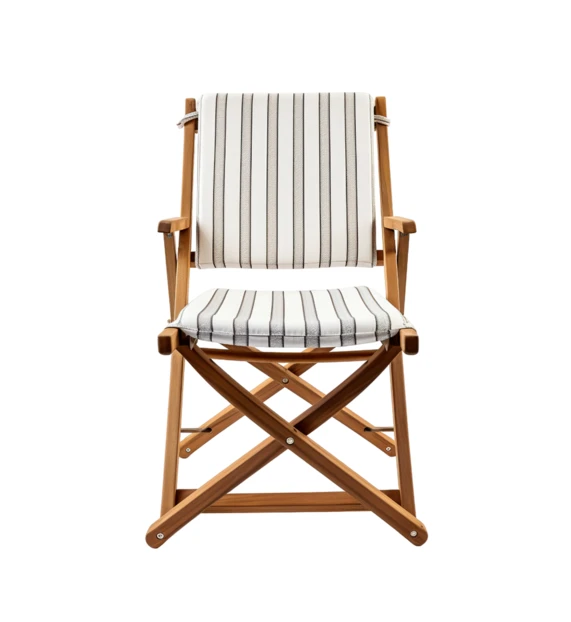 Wooden folding chair with striped cushions isolated on white background