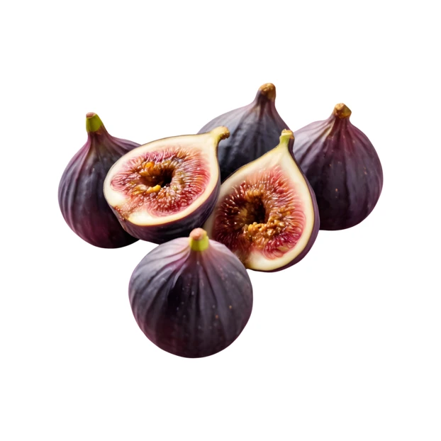 Fresh whole and halved purple figs on white background