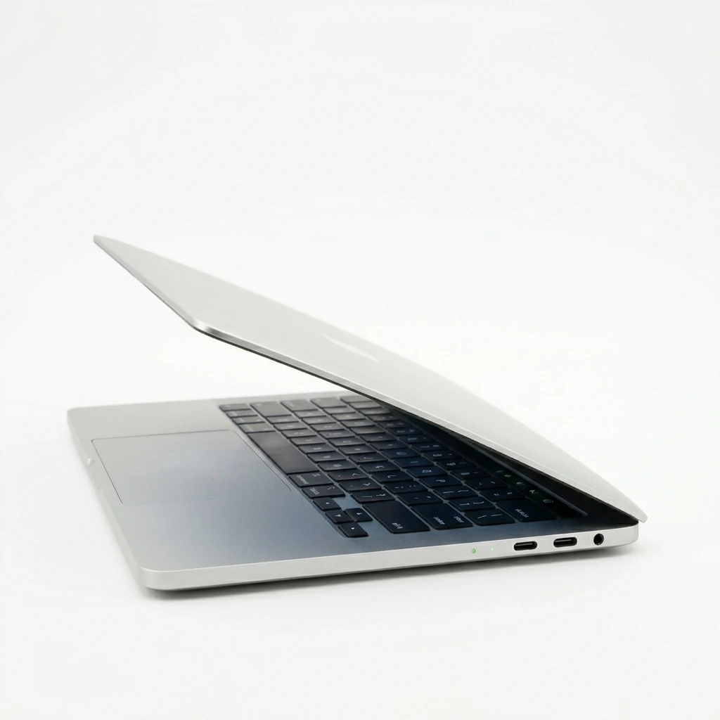 Modern silver laptop partially open on white background
