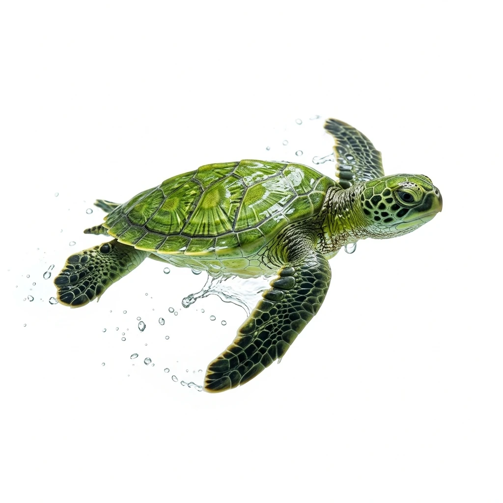Green sea turtle swimming with water splash on white background